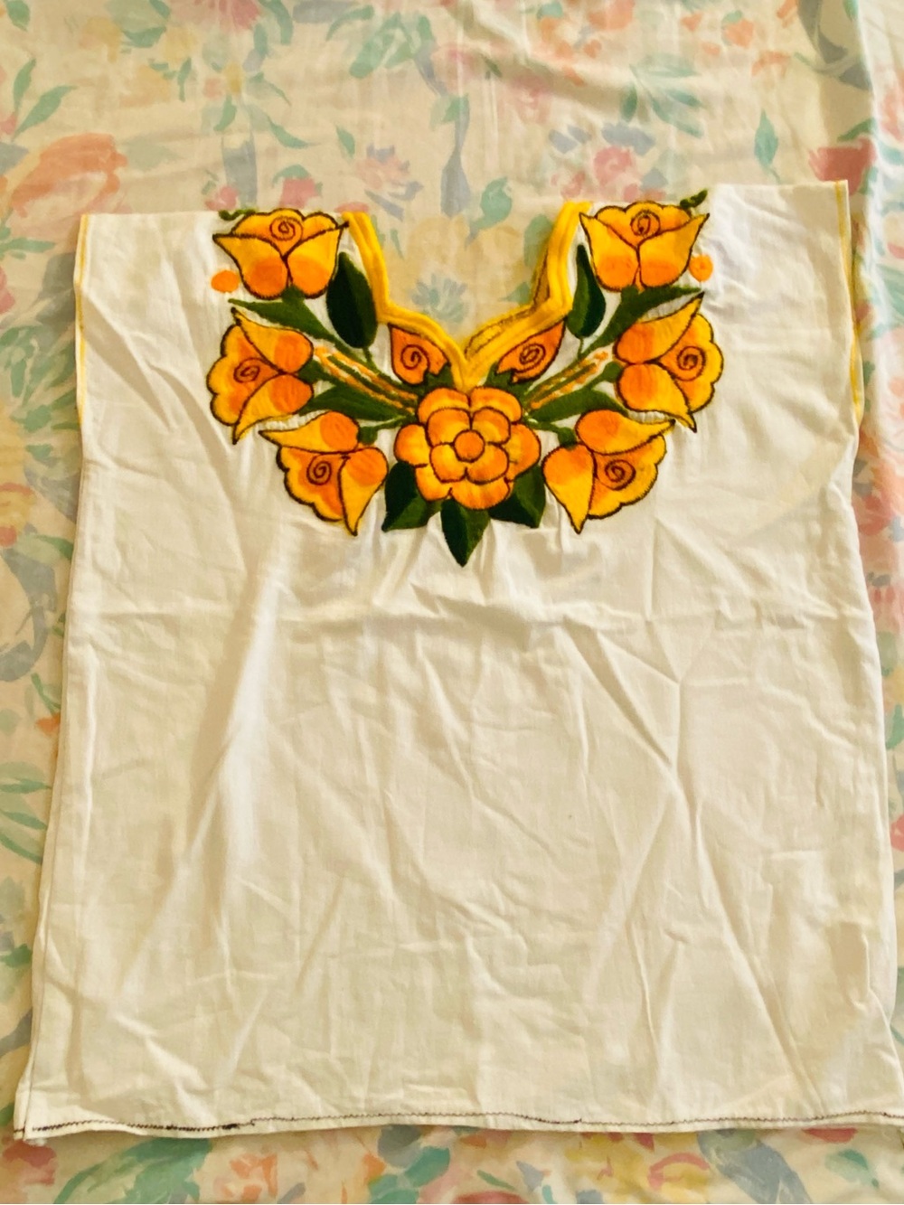 Guatemalan Hand-Embroidered White Top with Yellow Floral Yoke